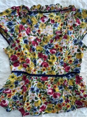 Odille Floral Cotton Blouse in Yellow, Green, Pink Peplum Zipper side Ruffle